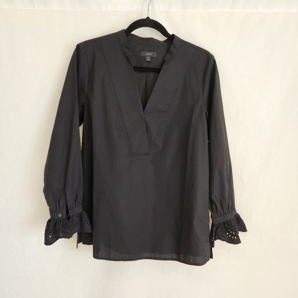 J. Crew Tops - J. Crew  Black Shirt Top 100% Cotton V-neck Long Sleeve with Ruffles Size XS.